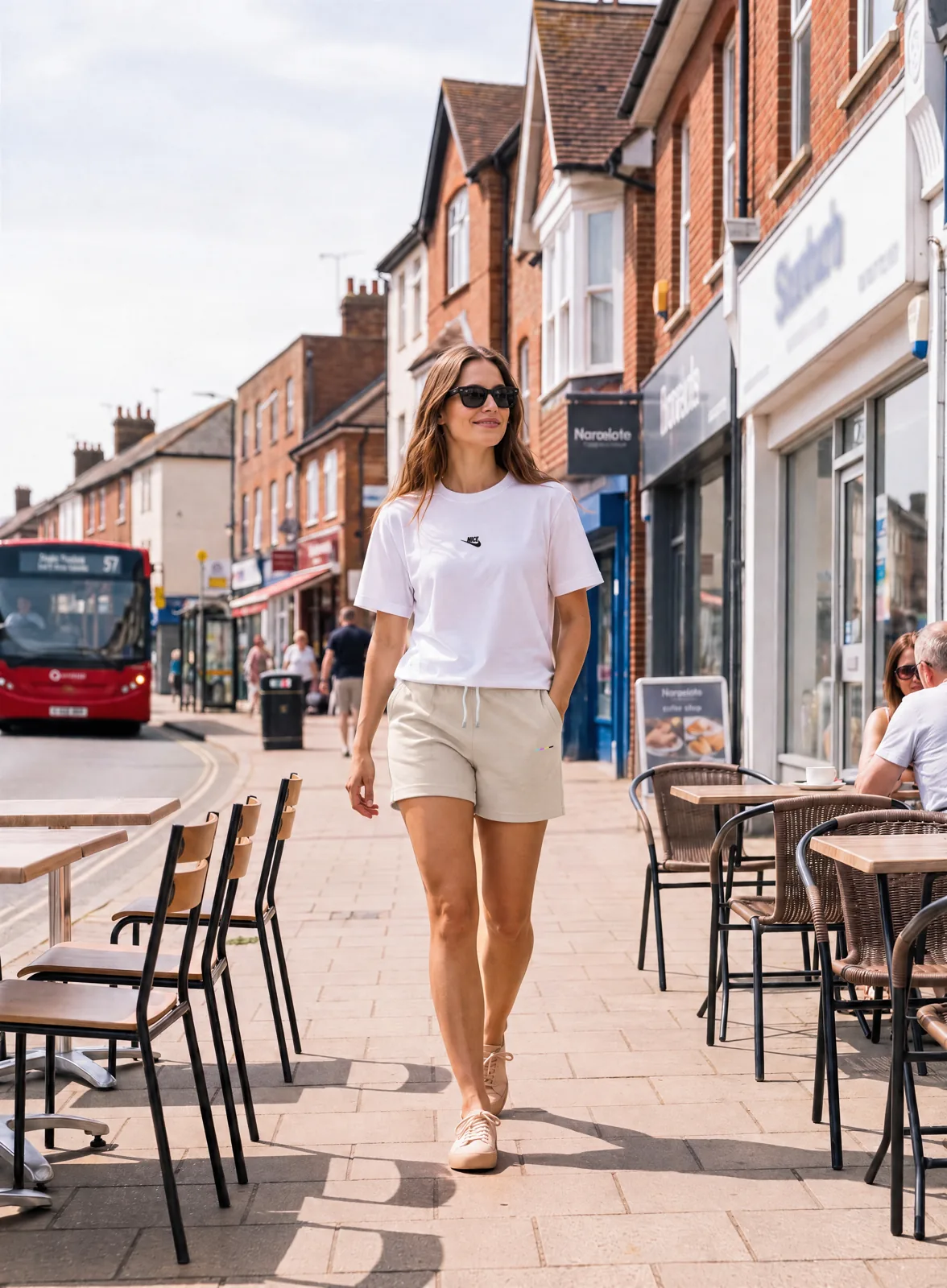 Nice Tick Front tee in white with stone shorts on the high street