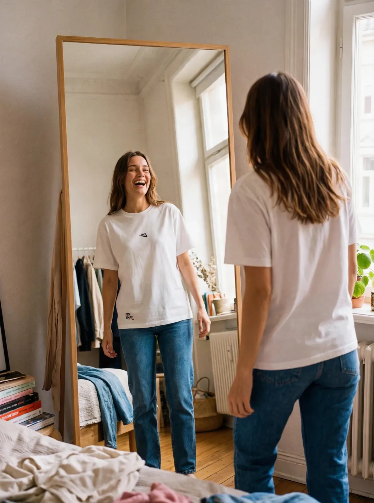 Nice Tick Front tee in white, bedroom mirror selfie