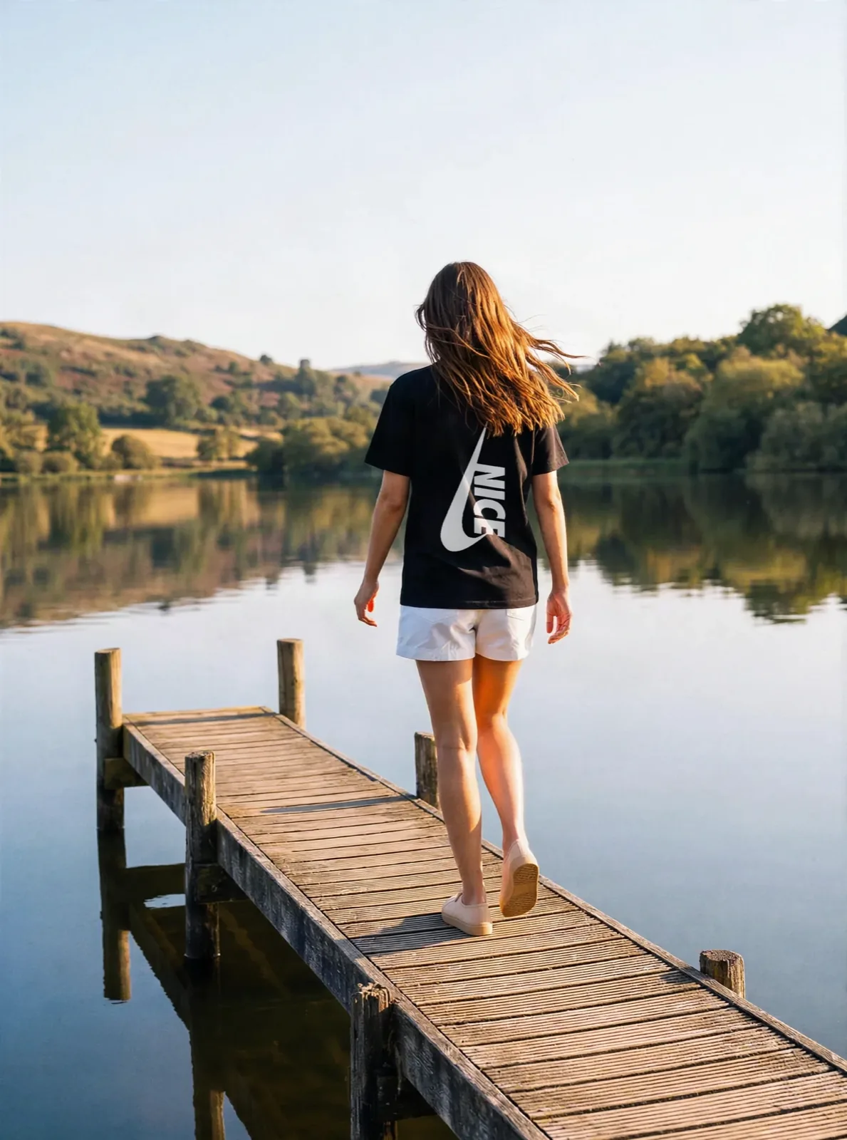 Nice Tick Backprint tee in black on a lake jetty