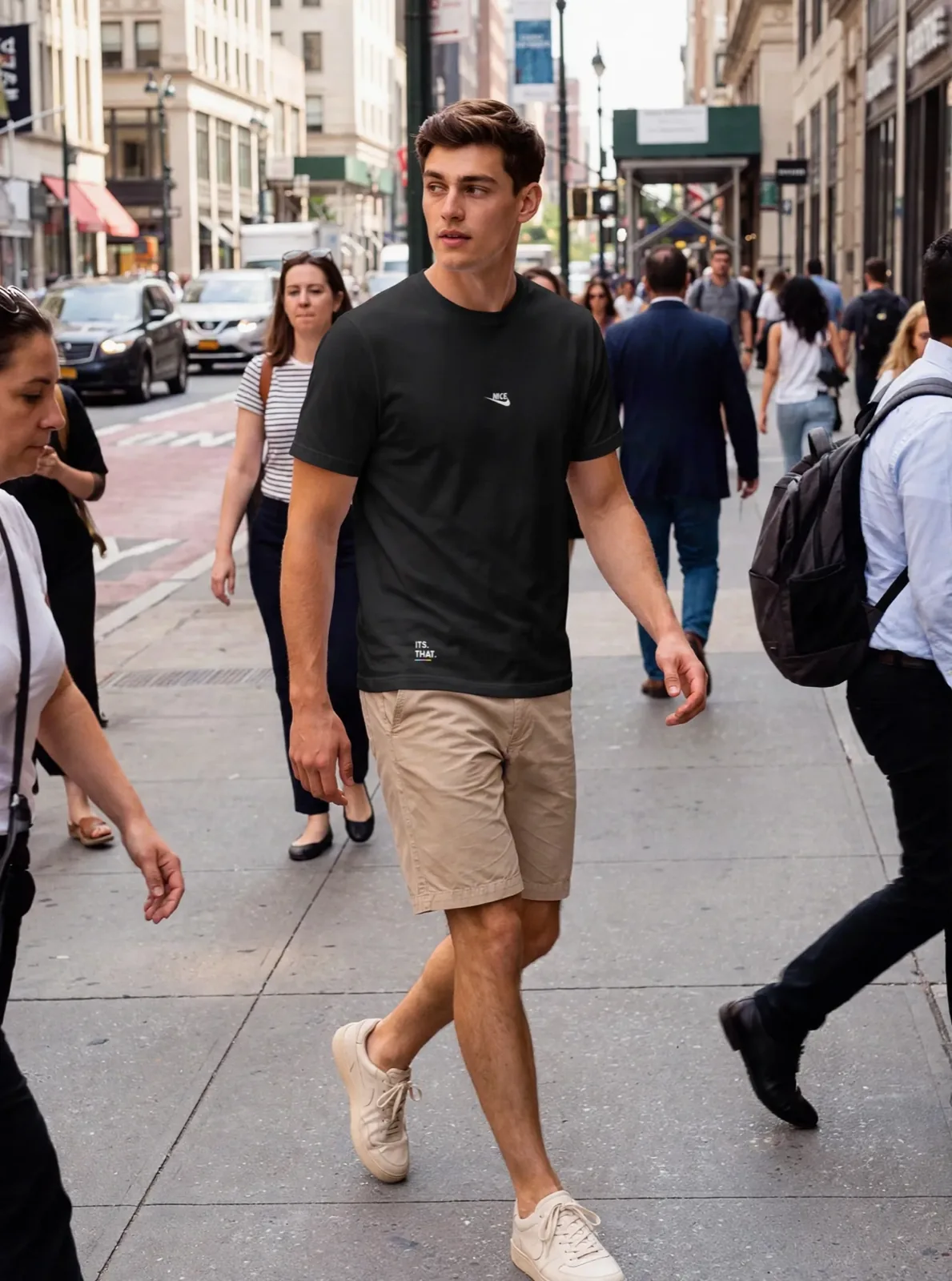 Nice Tick Front tee in black on a busy street