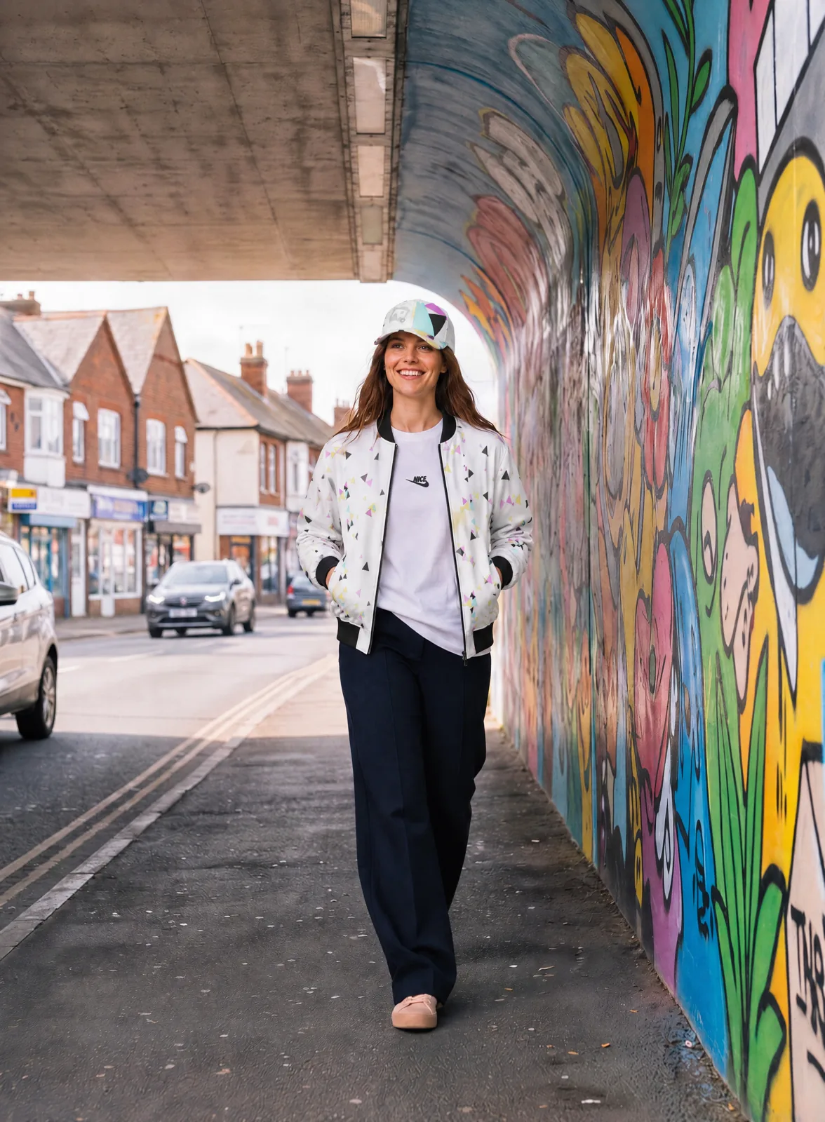 Nice Tick Front tee with a Scatter bomber and Geo cap in a graffiti underpass