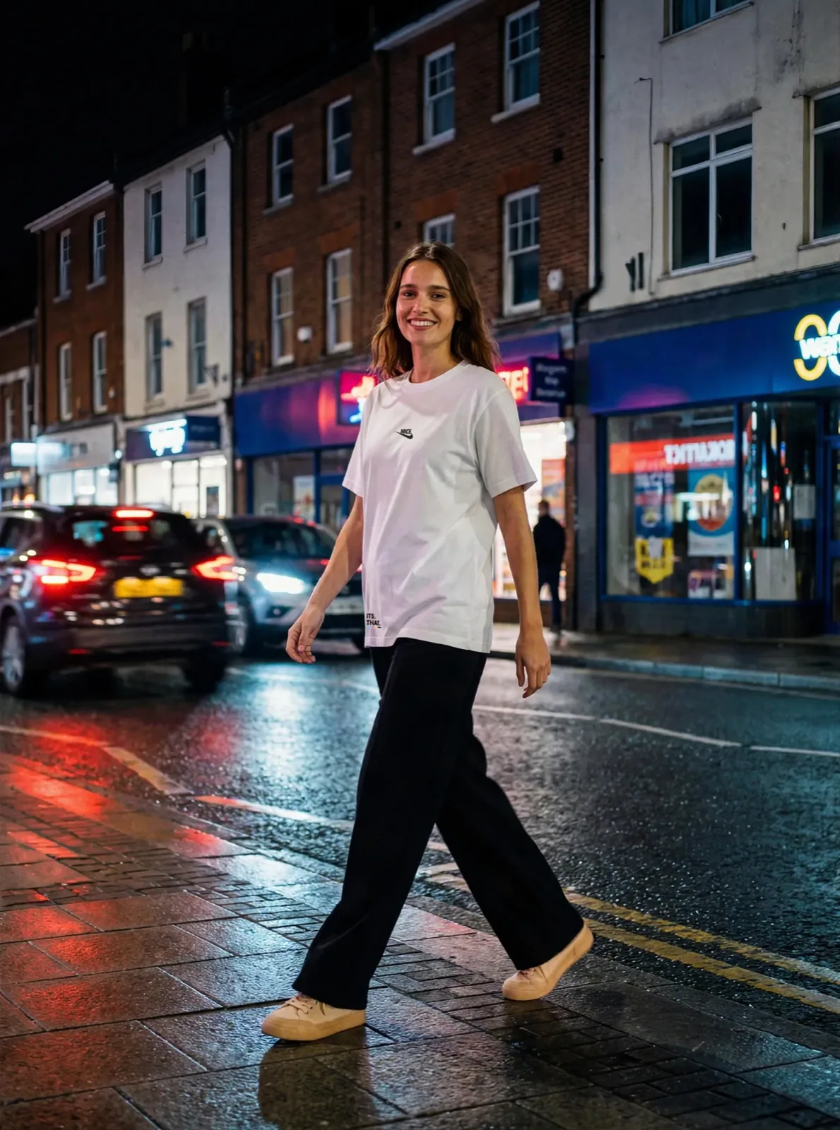 Nice Tick Front tee in white on a wet street at night