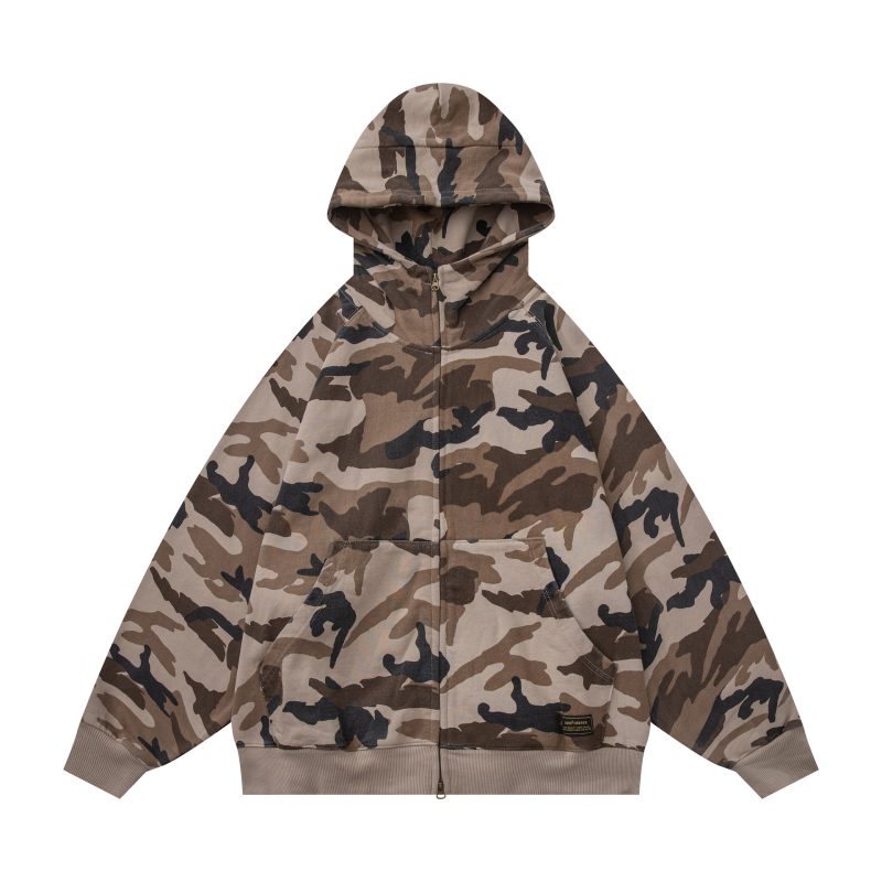 Camo Zipped Hoodie - Loose-fit, Gathered Waist & Cuffs