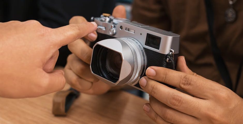 Beginner photographer kneeling with mirrorless camera at golden hour, demonstrating aperture-priority shooting and using the rule-of-thirds grid overlay on camera