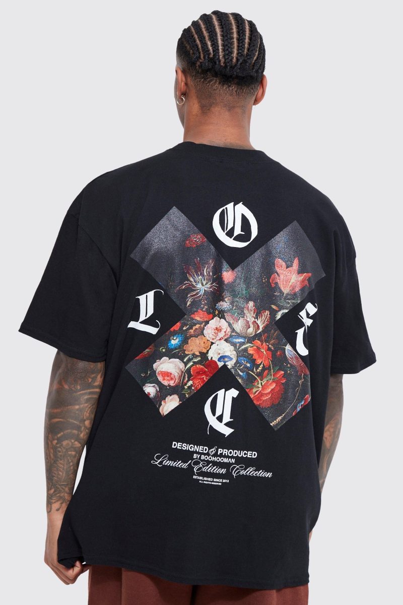 Mens Oversized Floral Graphic T-Shirt - Black - Xs | Tee shirt fashion ...