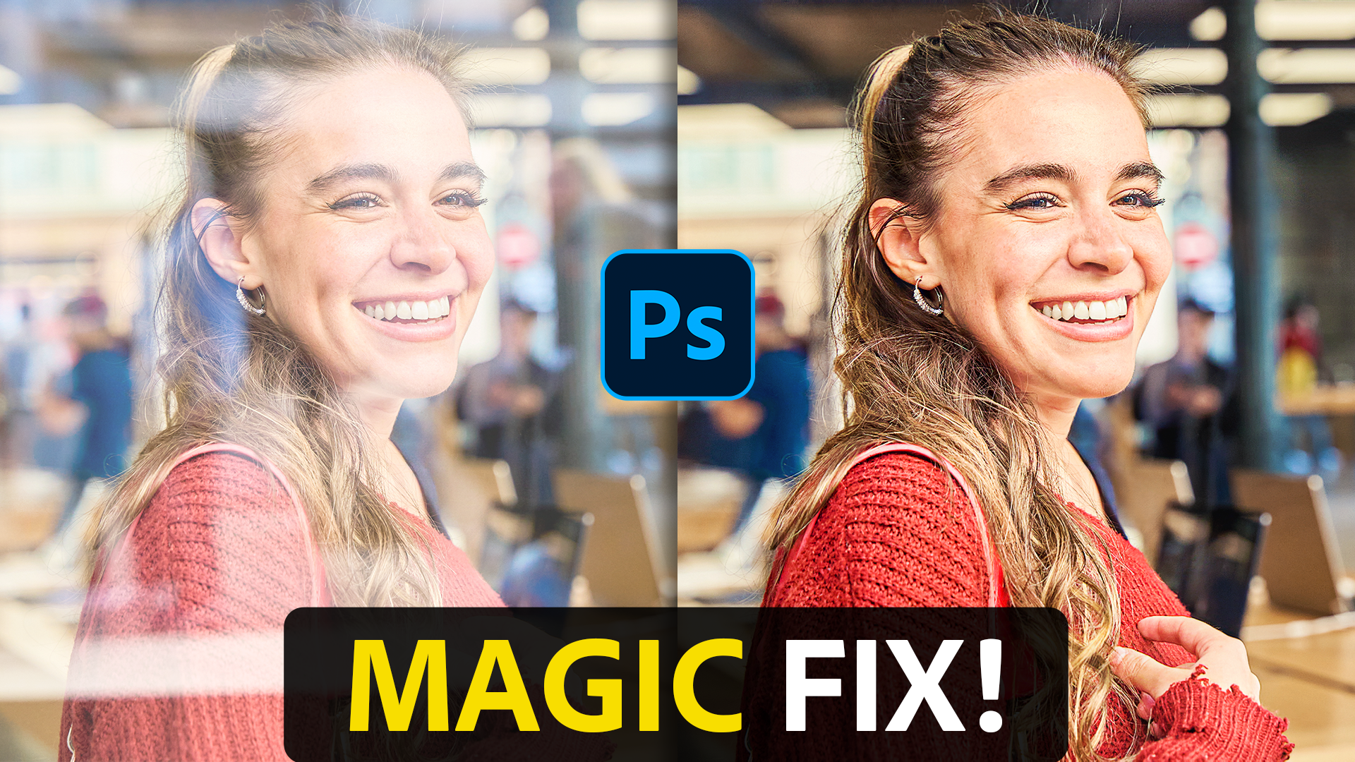 Photoshop tutorial screenshot showing the Patch Tool being used to select and remove an unwanted reflection from a product photograph