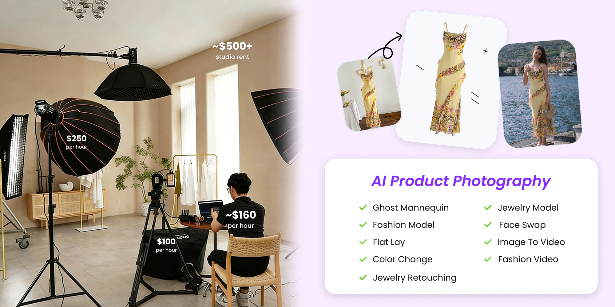 Side-by-side comparison of a traditional fashion photoshoot setup with studio lighting and a model versus an AI-generated clothing product image on a laptop screen.