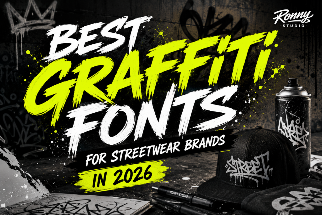 Article hero graphic for 'Best Graffiti Fonts for Streetwear Brands in 2026', featuring bold graffiti-style display typography on a streetwear-themed backdrop.