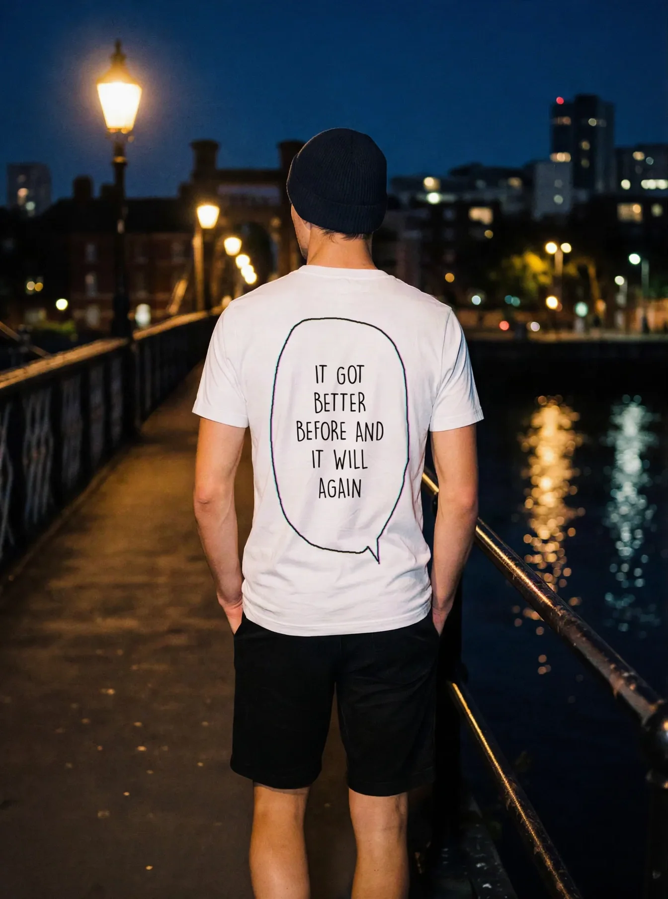 "it got better before and it will again" Backprint Tee worn by a model