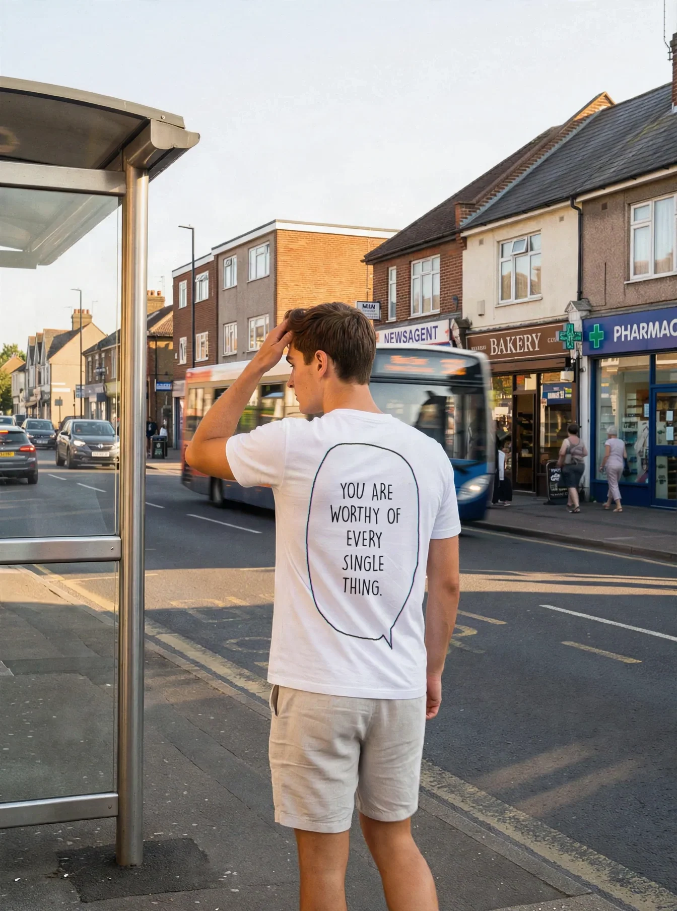 "you are worthy of every single thing." Backprint Tee worn by a model