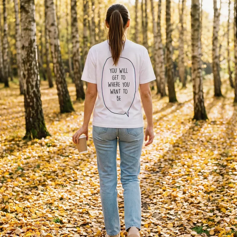 "you will get to where you want to be" Backprint Tee worn by a model
