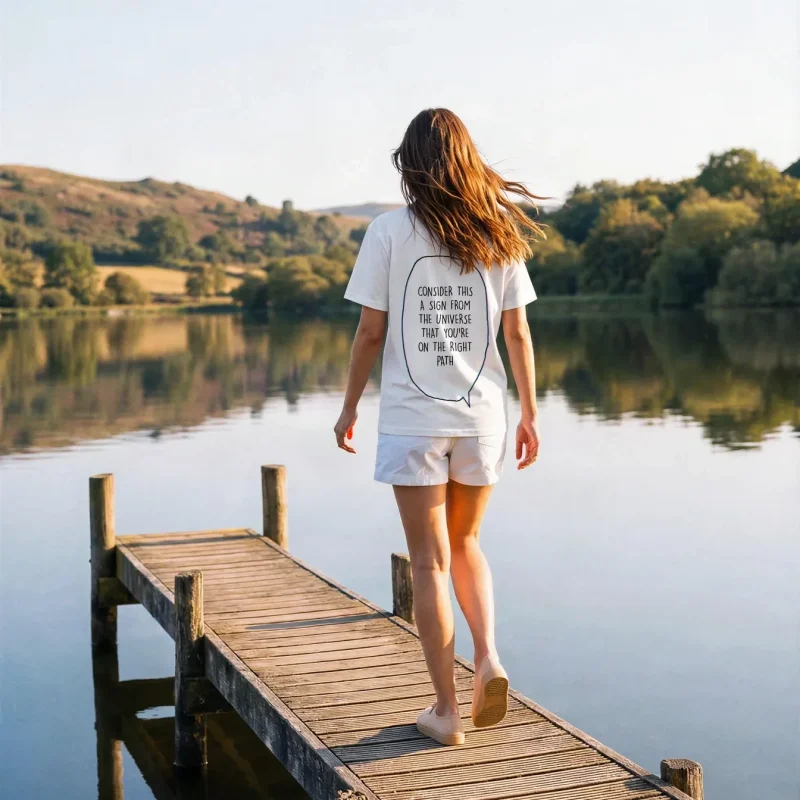 "consider this a sign from the universe that you're on the right path" Backprint Tee worn by a model