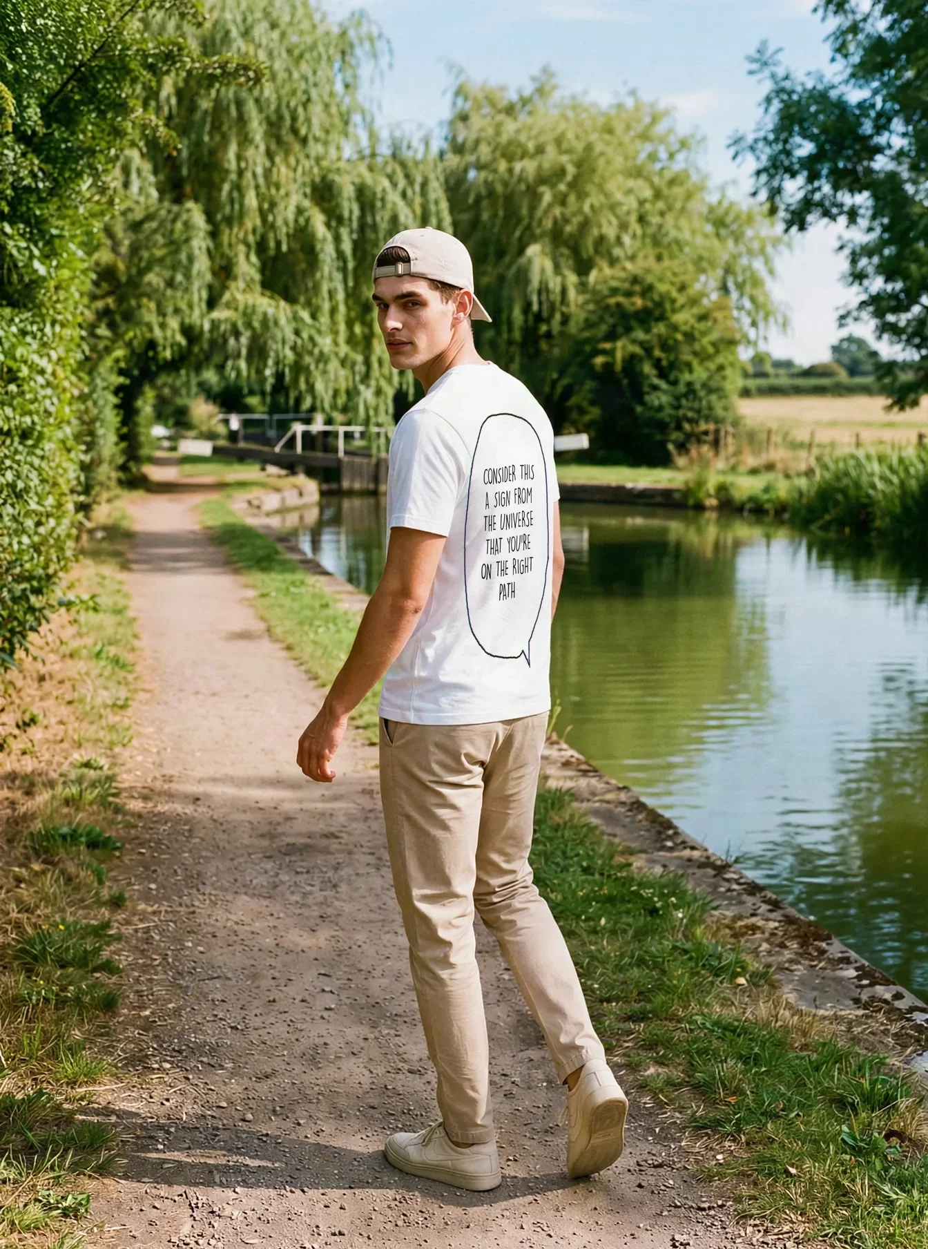 "consider this a sign from the universe that you're on the right path" Backprint Tee worn by a model