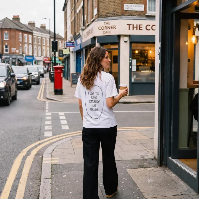 "i love you today, tomorrow and forever." Backprint Tee worn by a model