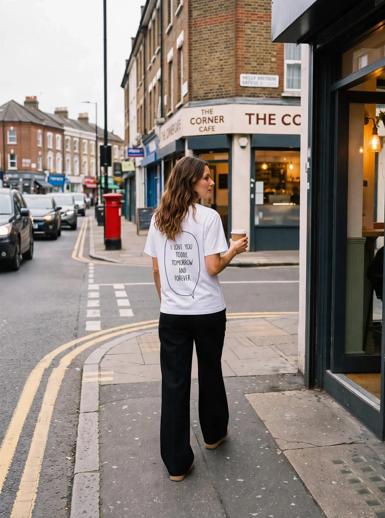 "i love you today, tomorrow and forever." Backprint Tee worn by a model