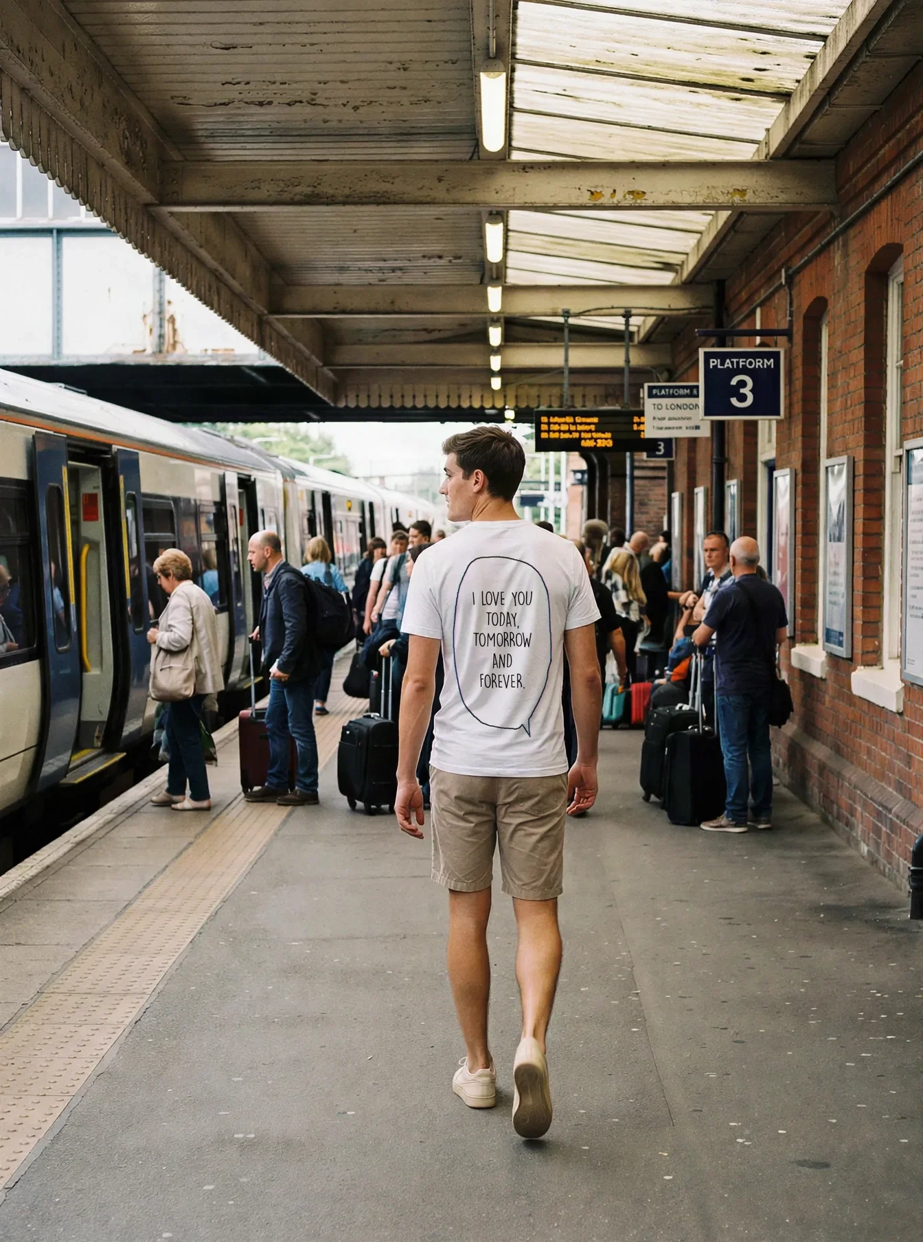"i love you today, tomorrow and forever." Backprint Tee worn by a model