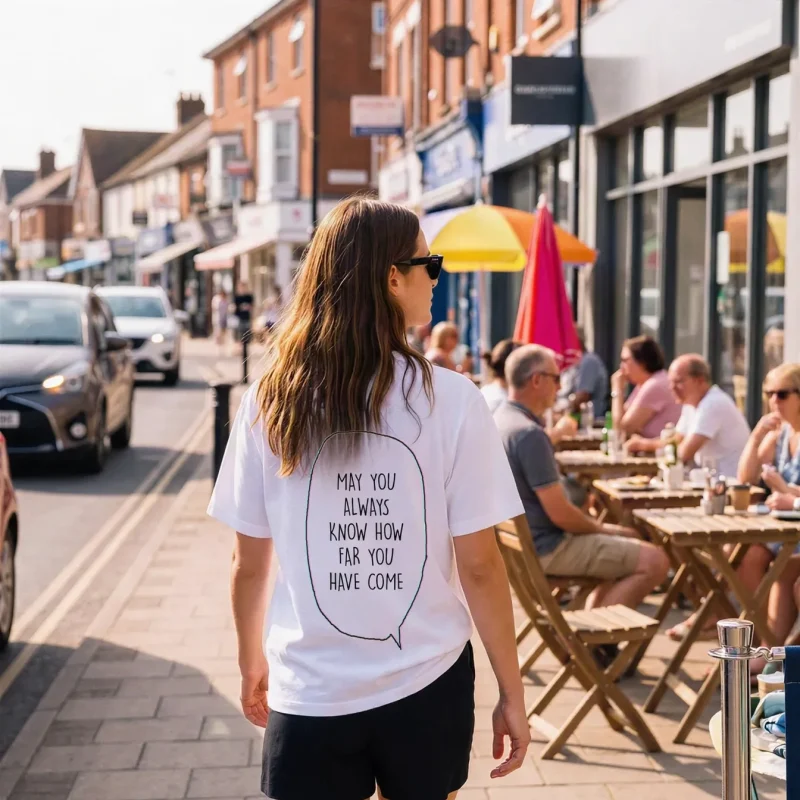 "MAY YOU ALWAYS KNOW HOW FAR YOU HAVE COME" Backprint Tee worn by a model