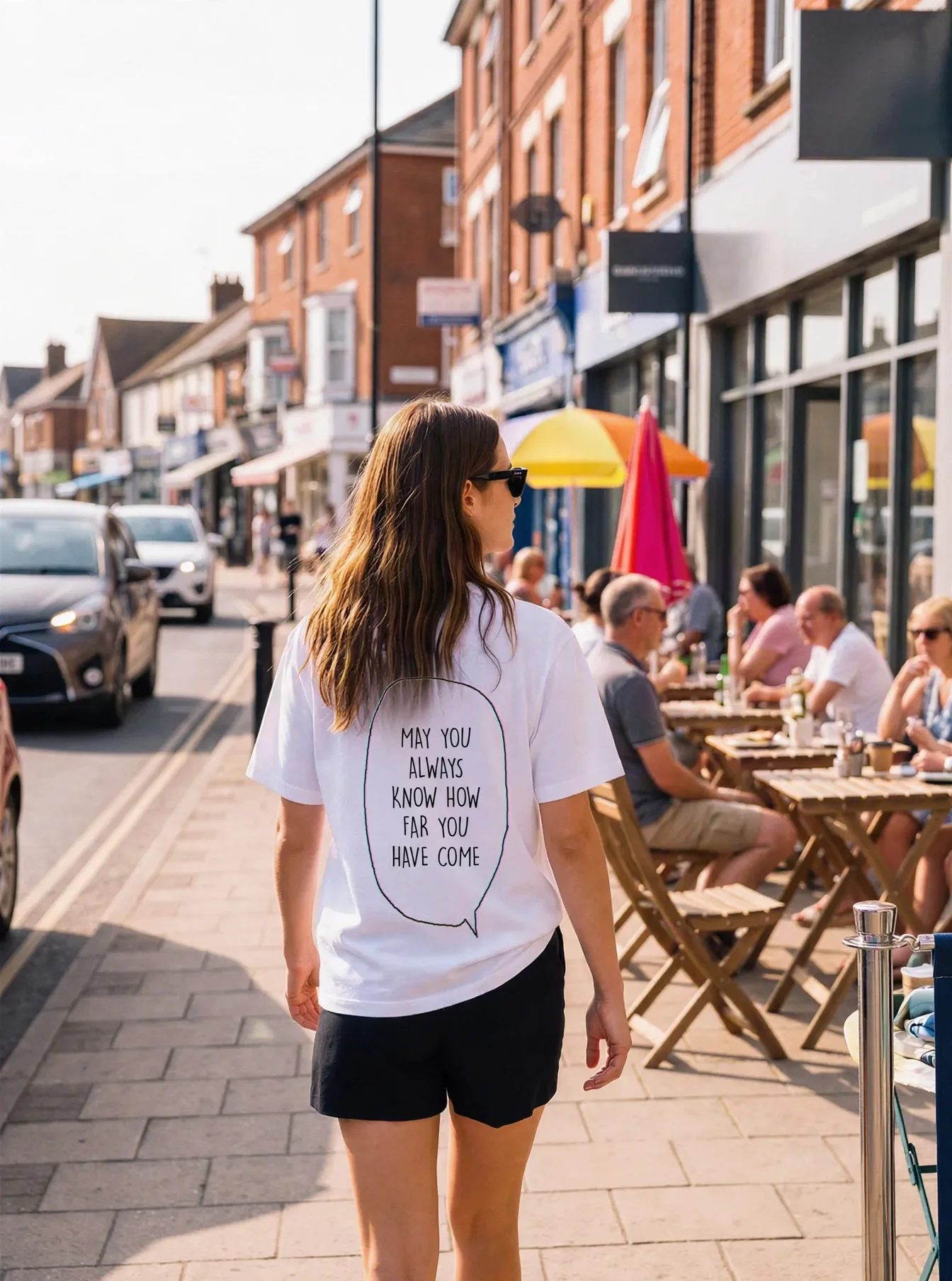 "MAY YOU ALWAYS KNOW HOW FAR YOU HAVE COME" Backprint Tee worn by a model