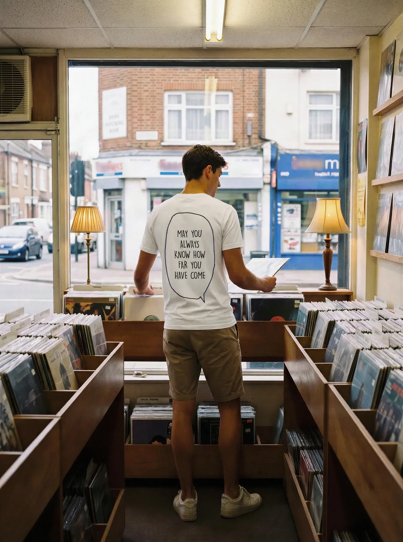 "MAY YOU ALWAYS KNOW HOW FAR YOU HAVE COME" Backprint Tee worn by a model