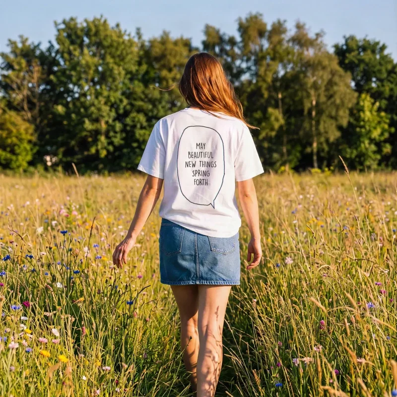 "MAY BEAUTIFUL NEW THINGS SPRING FORTH" Backprint Tee worn by a model
