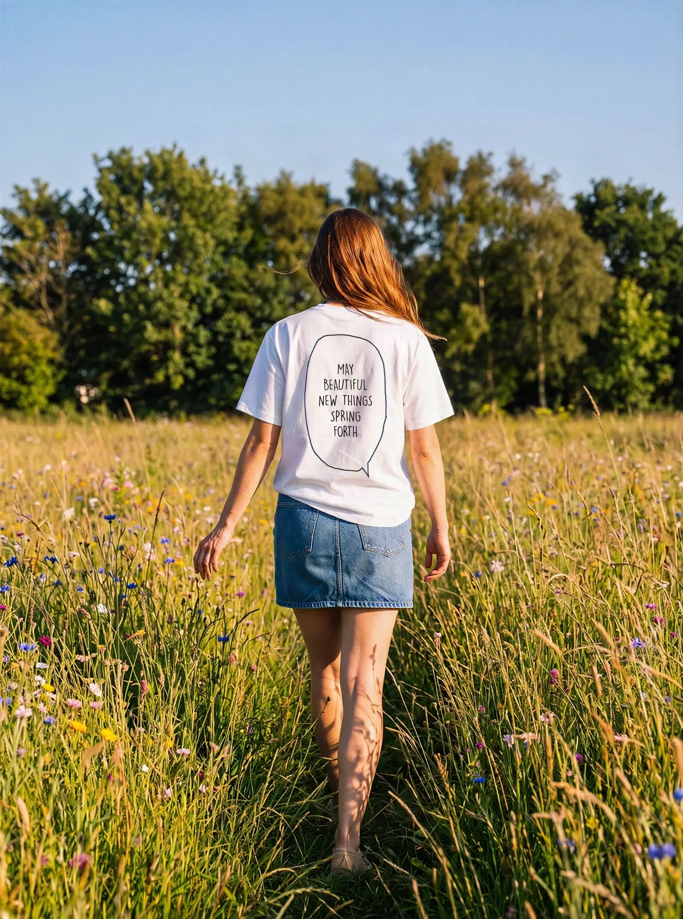 "MAY BEAUTIFUL NEW THINGS SPRING FORTH" Backprint Tee worn by a model