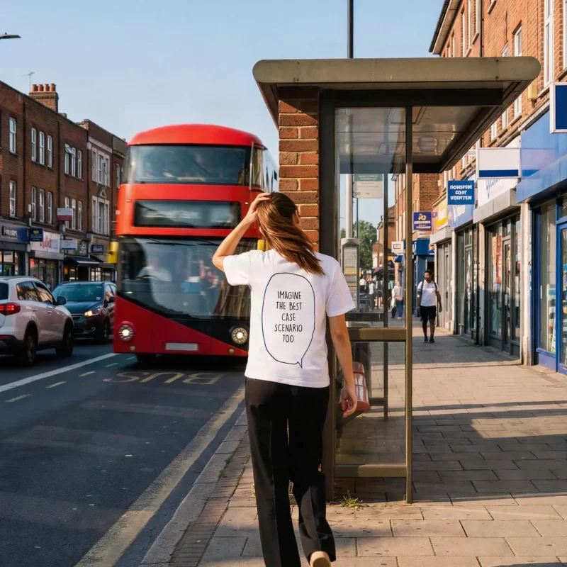 "imagine the best case scenario too" Backprint Tee worn by a model