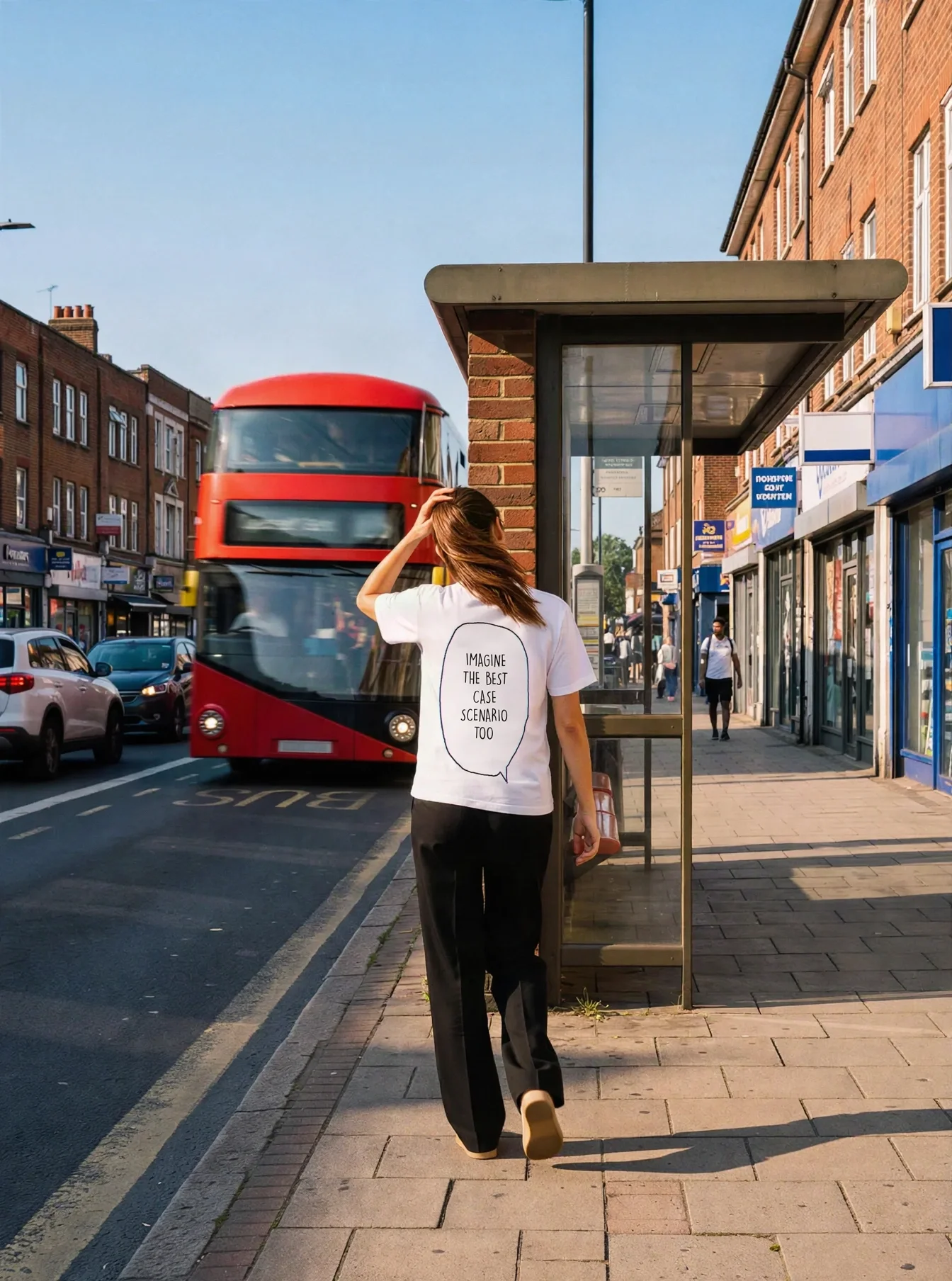 "imagine the best case scenario too" Backprint Tee worn by a model