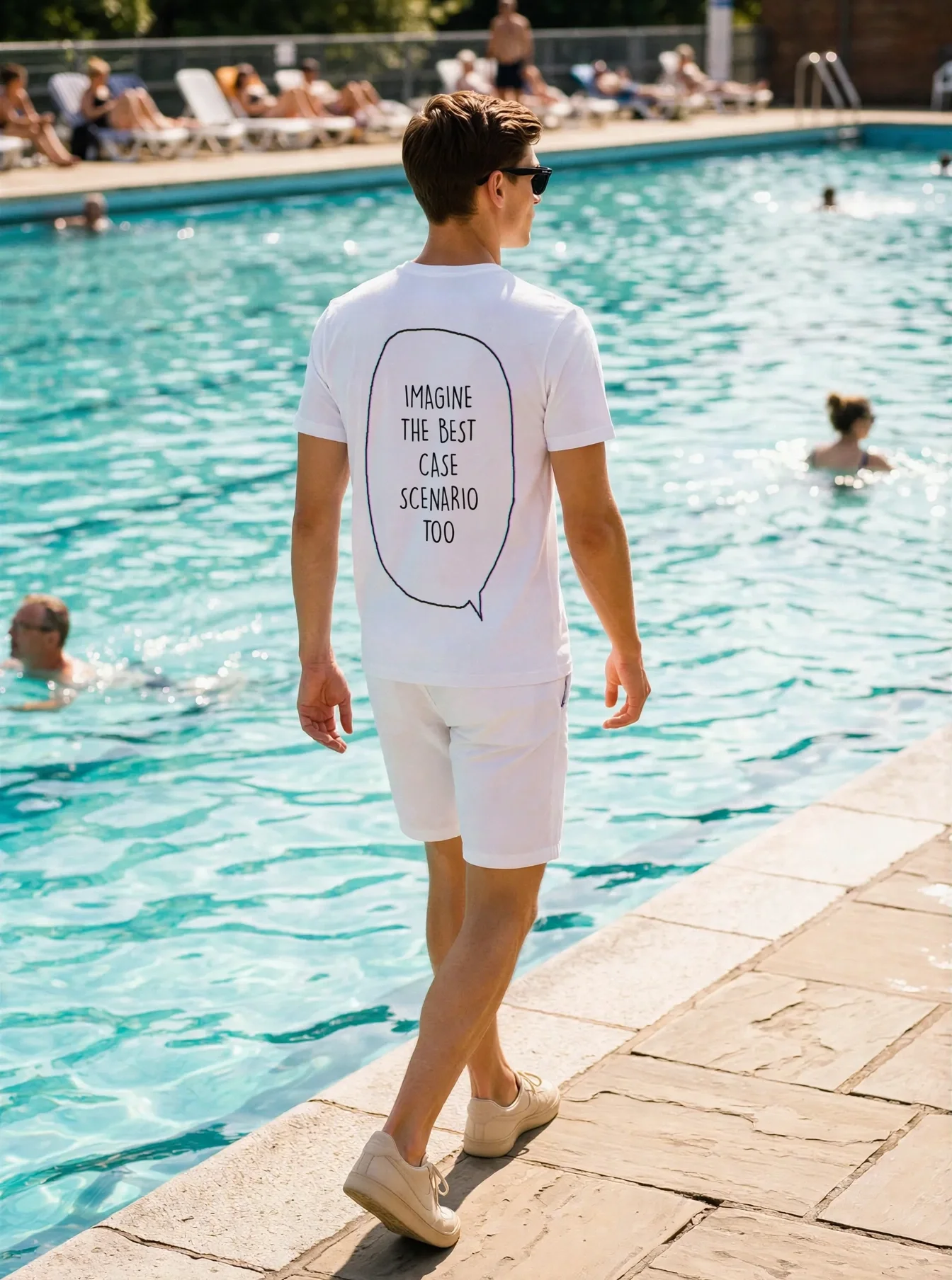 "imagine the best case scenario too" Backprint Tee worn by a model