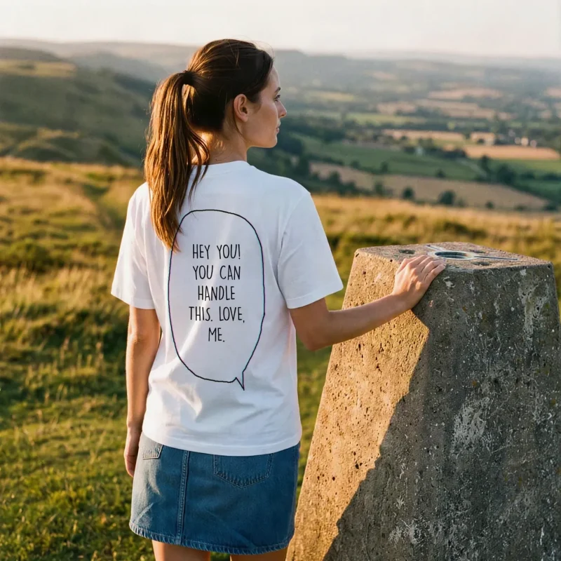 "HEY YOU! YOU CAN HANDLE THIS. LOVE, ME." Backprint Tee worn by a model