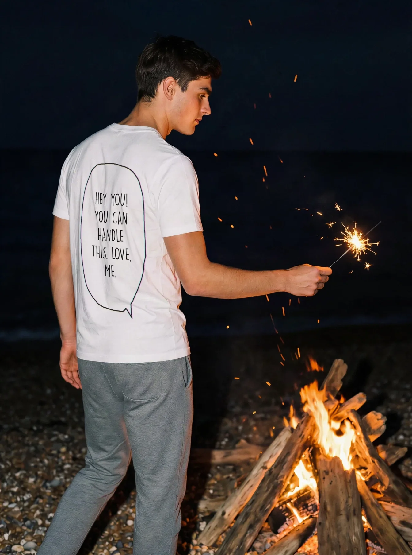 "HEY YOU! YOU CAN HANDLE THIS. LOVE, ME." Backprint Tee worn by a model