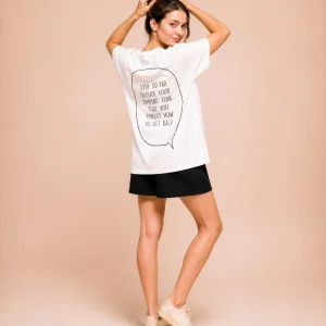 "Step outside your comfort zone & forget how to get back." Backprint Tee, back view, Its.That.