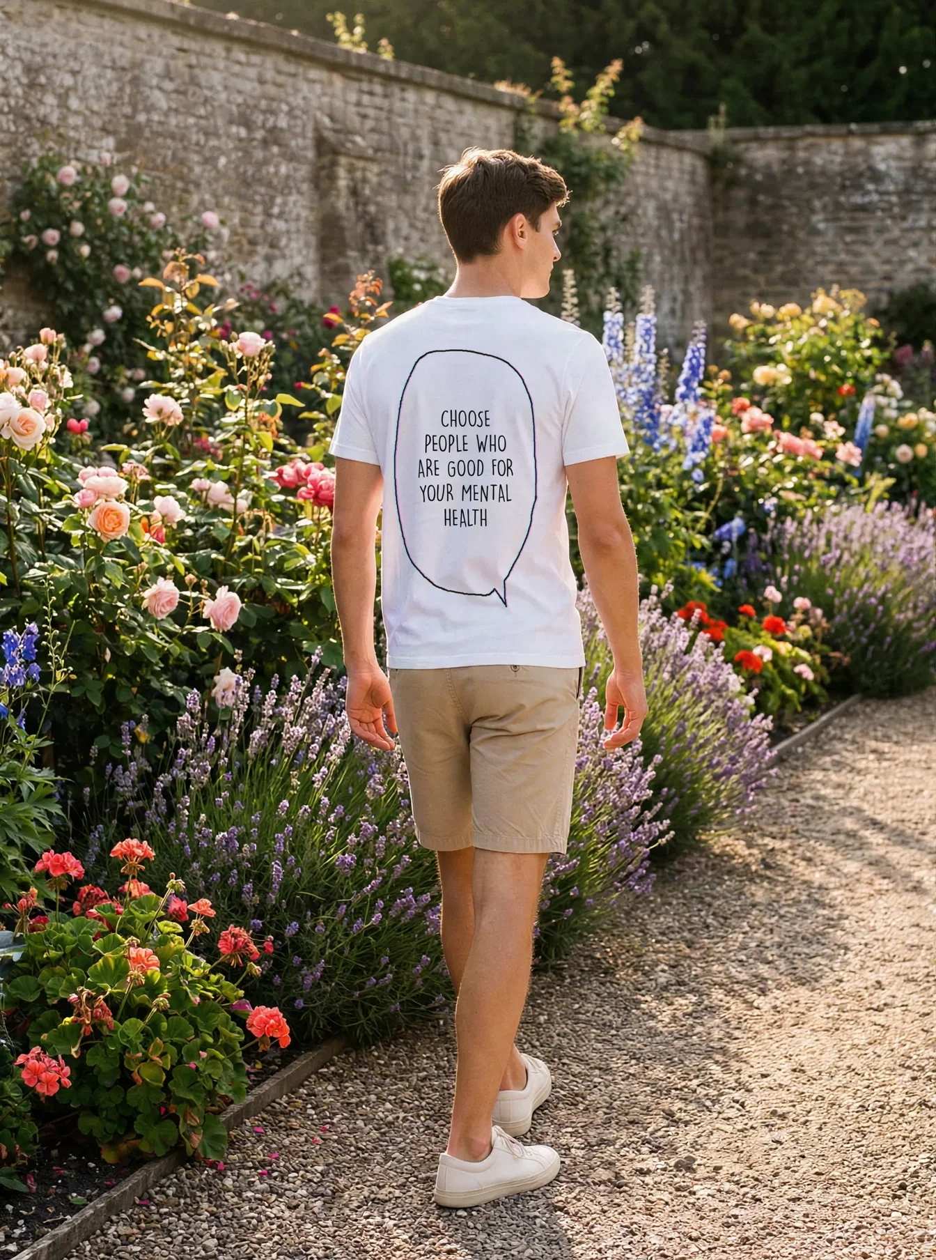 "Choose people who are good for your mental health" Backprint Tee worn by a model