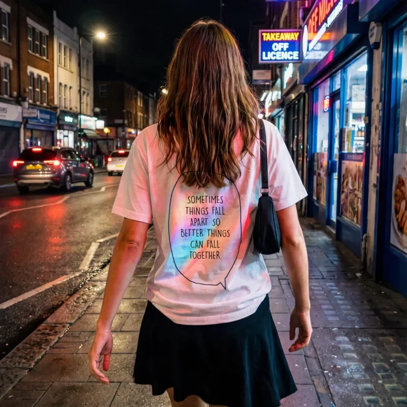 "Sometimes things fall apart just so better things fall together." Backprint Tee worn by a model