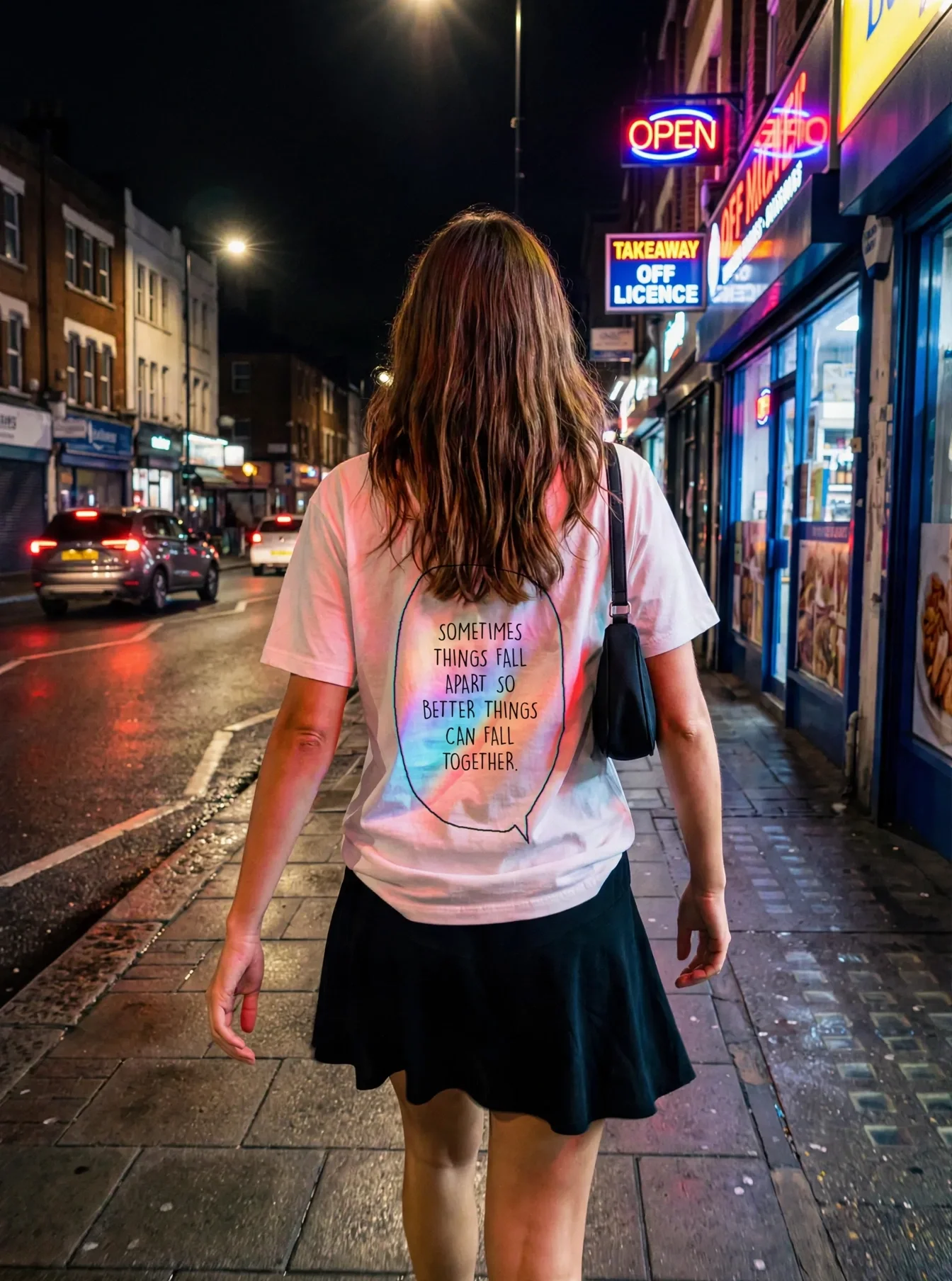 "Sometimes things fall apart just so better things fall together." Backprint Tee worn by a model
