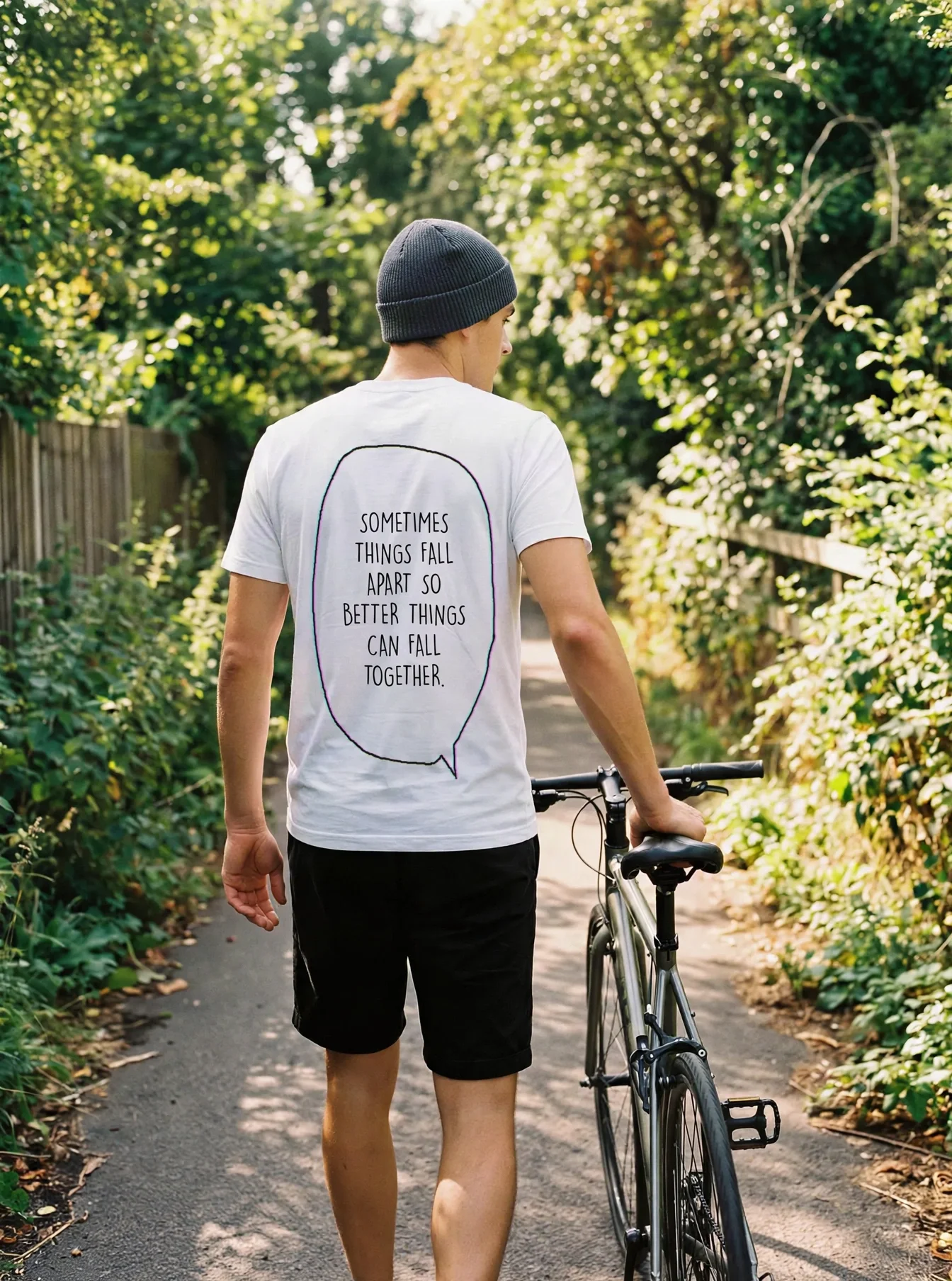 "Sometimes things fall apart just so better things fall together." Backprint Tee worn by a model