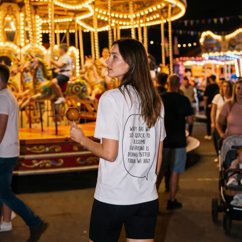 "WHY ARE WE SO QUICK TO ASSUME EVERYONE IS DOING BETTER THAN WE ARE?" Backprint Tee worn by a model