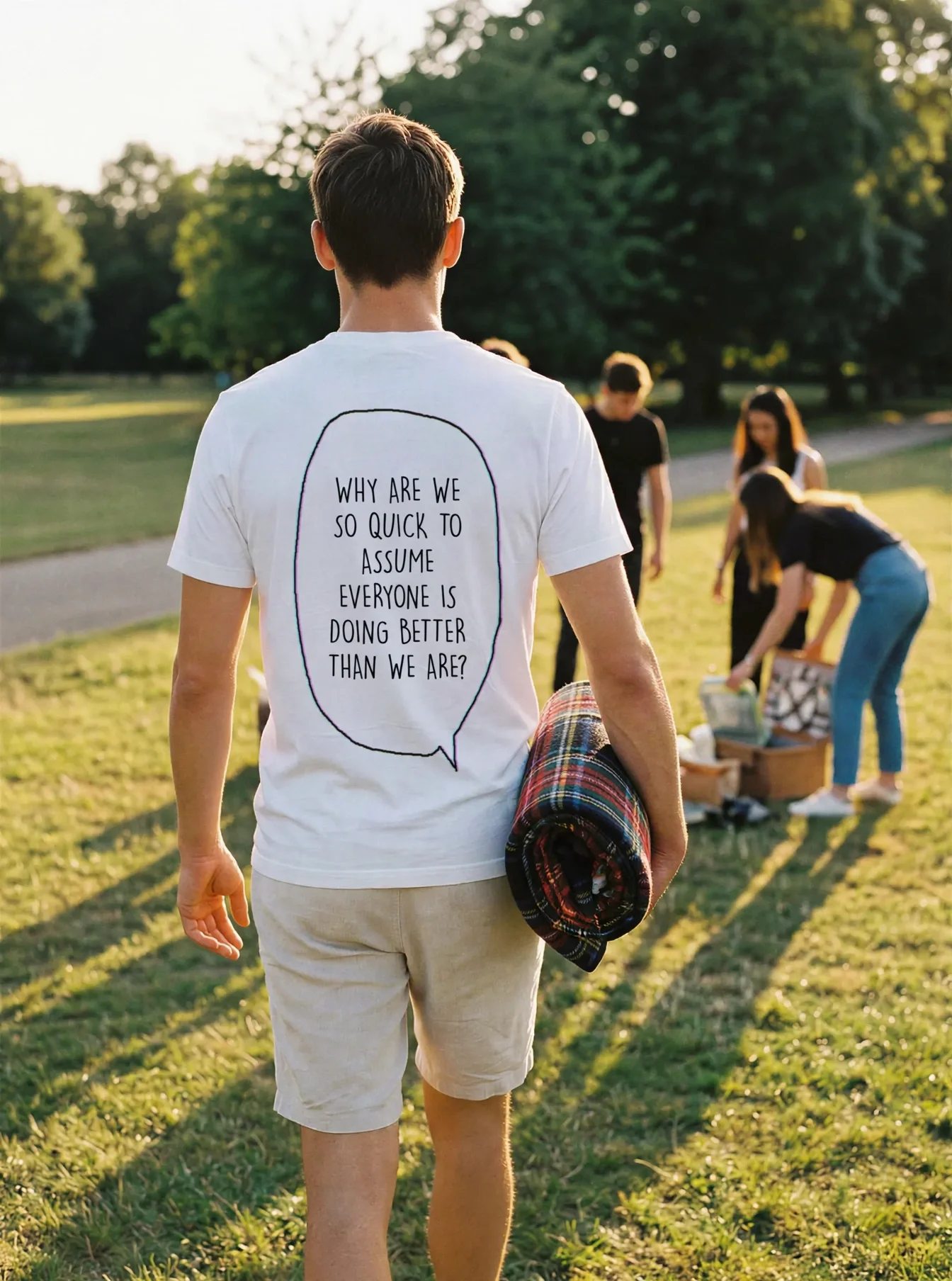 "WHY ARE WE SO QUICK TO ASSUME EVERYONE IS DOING BETTER THAN WE ARE?" Backprint Tee worn by a model