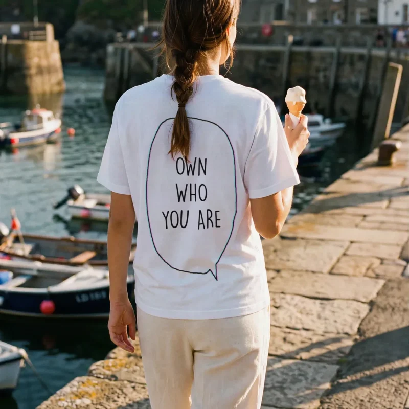 "Own who you are" Backprint Tee worn by a model