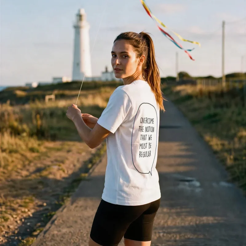 "Overcome the notion that we must be regular" Backprint Tee worn by a model