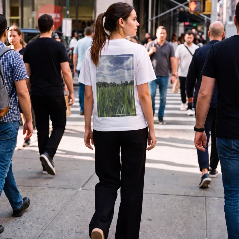 'Green Blades' Photo Print | Backprint T-shirt worn by a model