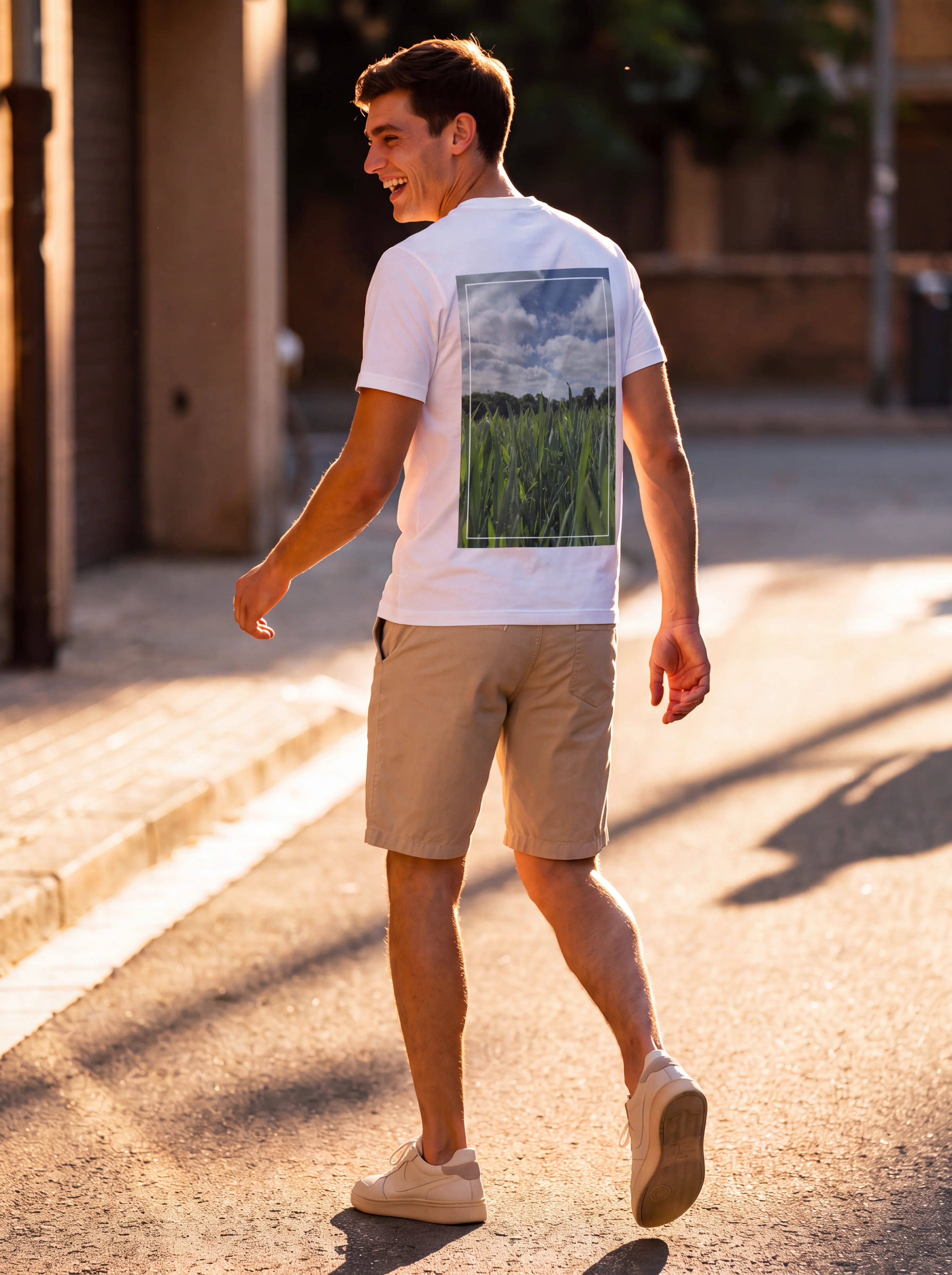 'Green Blades' Photo Print | Backprint T-shirt worn by a model