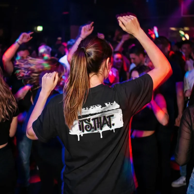'Graffiti' CMYK Word-art | Backprint T-shirt worn by a model