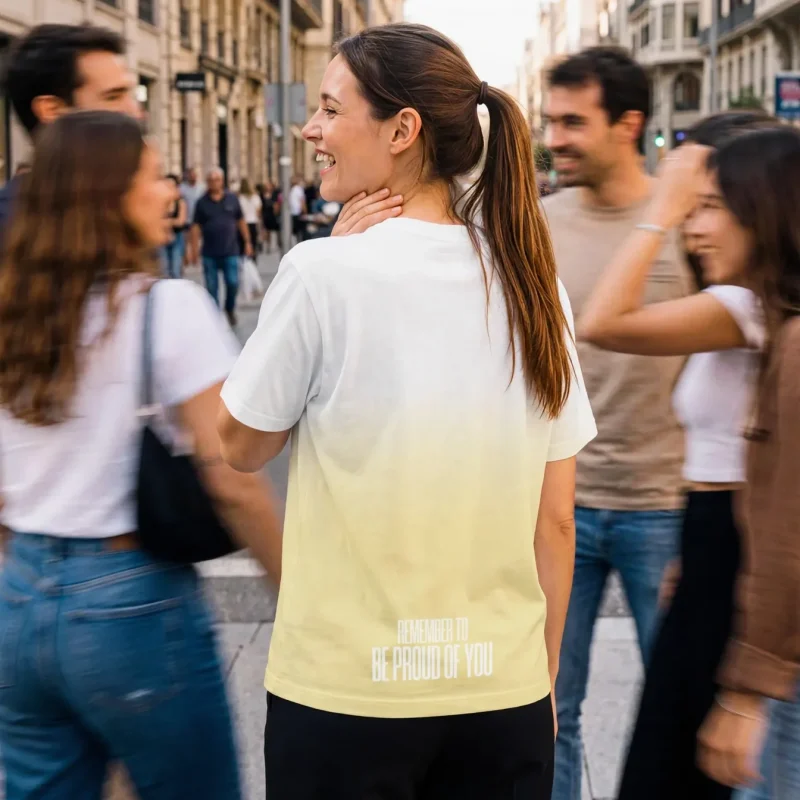 "Be proud of you" Backprint Tee worn by a model