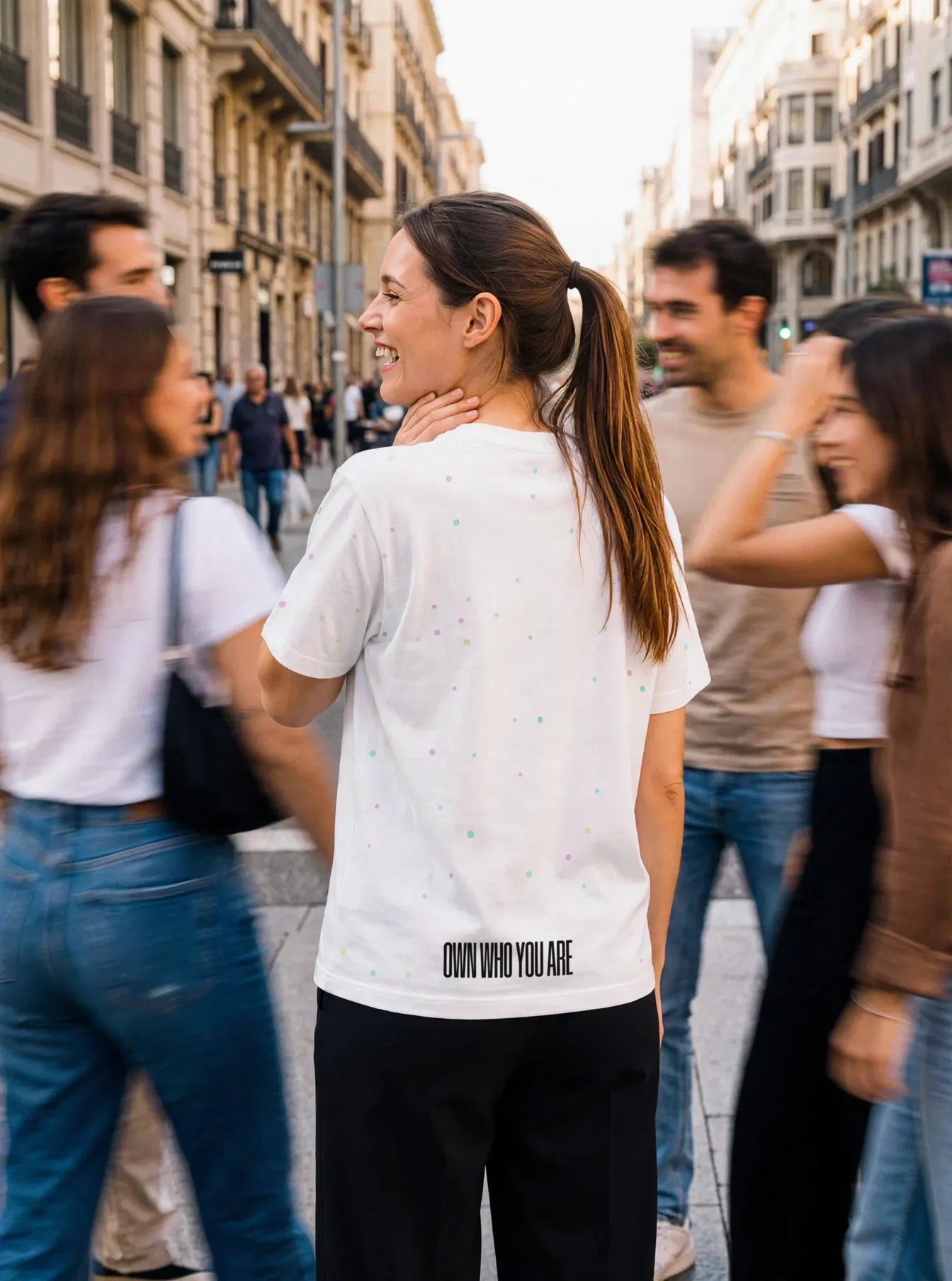 "Own who you are" Backprint Tee worn by a model