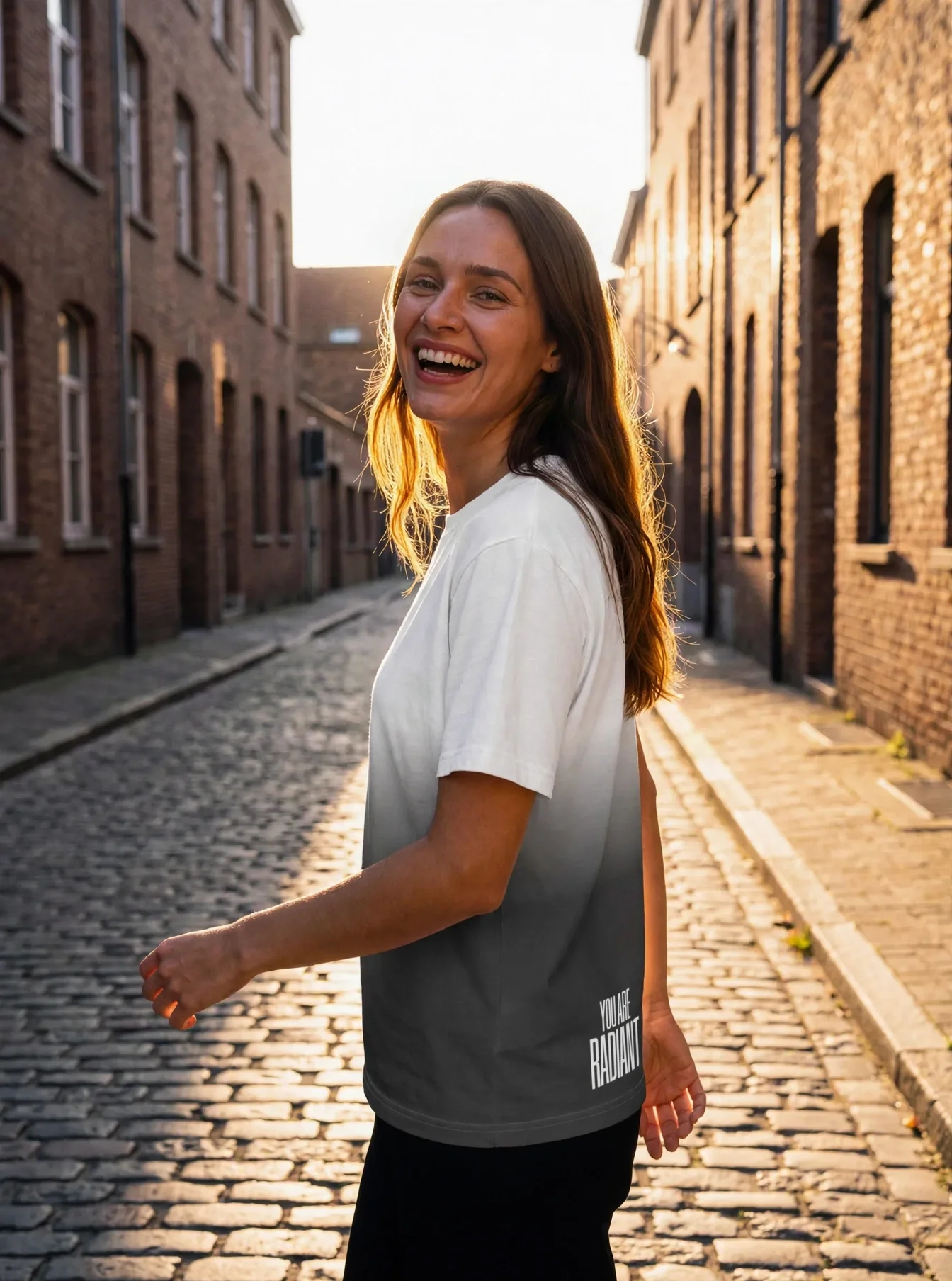 "YOU ARE RADIANT" Backprint Tee worn by a model