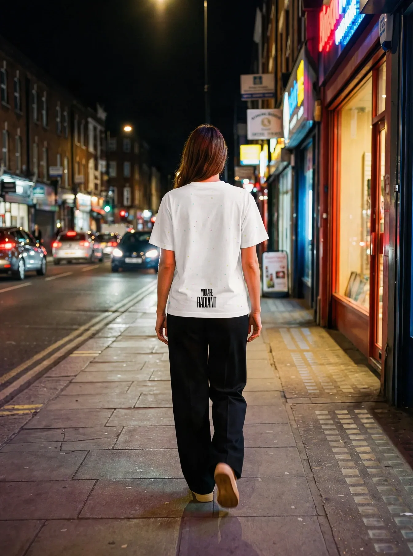 "YOU ARE RADIANT" Backprint Tee worn by a model
