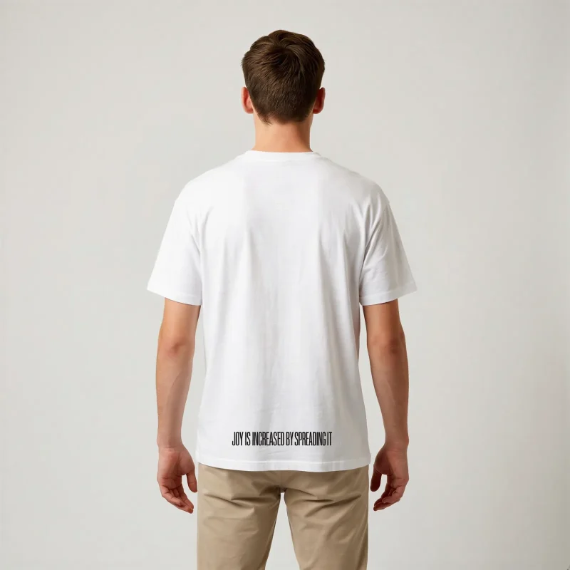 "JOY IS INCREASED BY SPREADING IT" Backprint Tee, back view, Its.That.