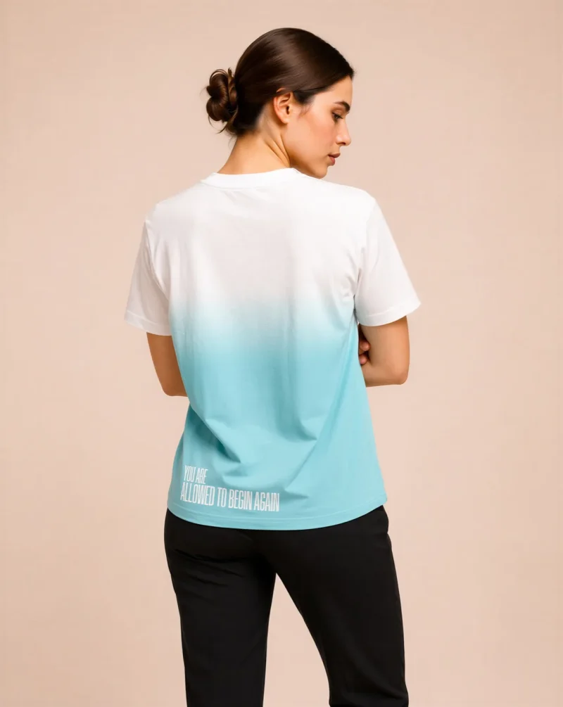 "You're allowed to begin again" Backprint Tee, front view, Its.That.