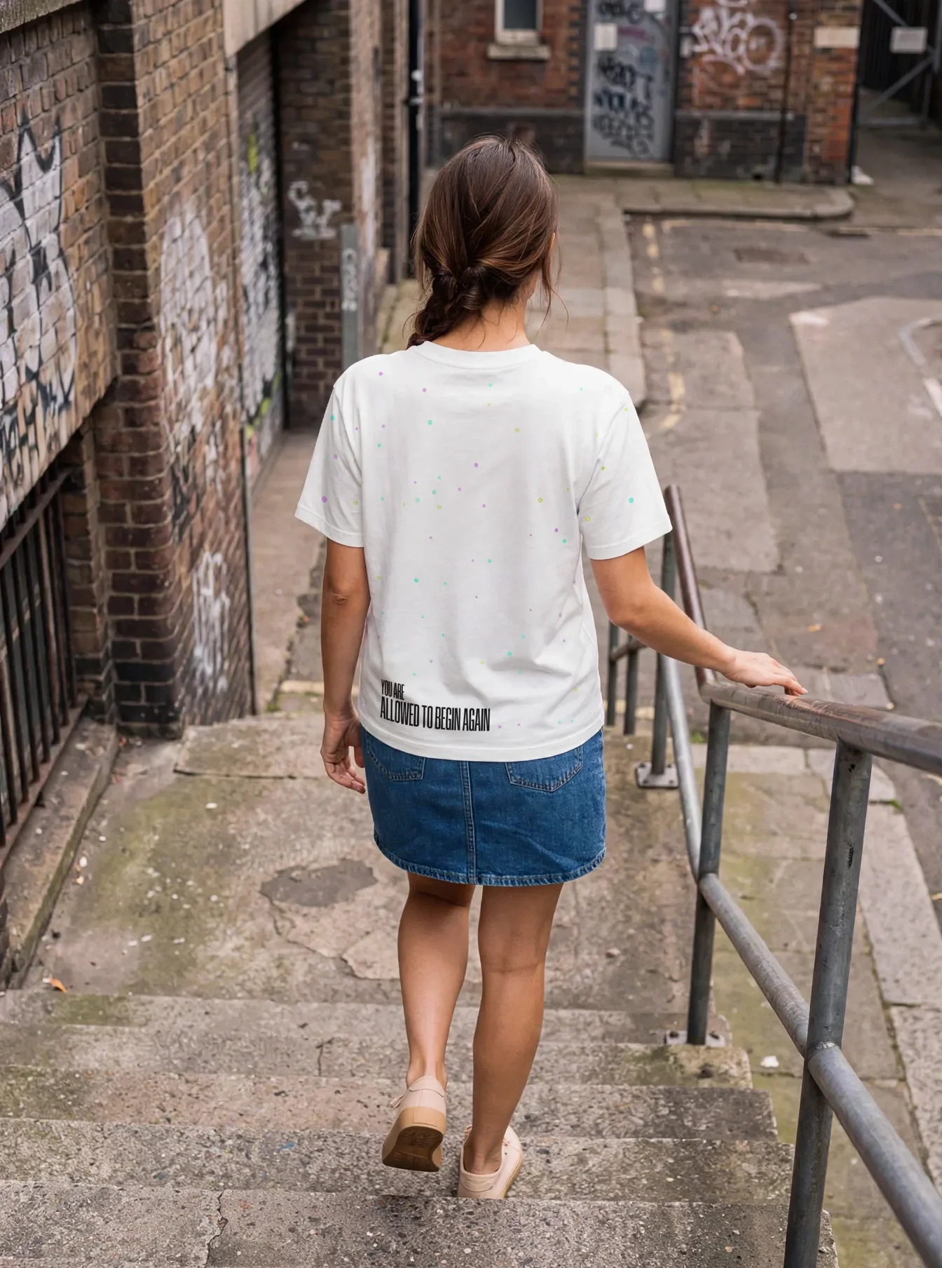 "You're allowed to begin again" Backprint Tee worn by a model