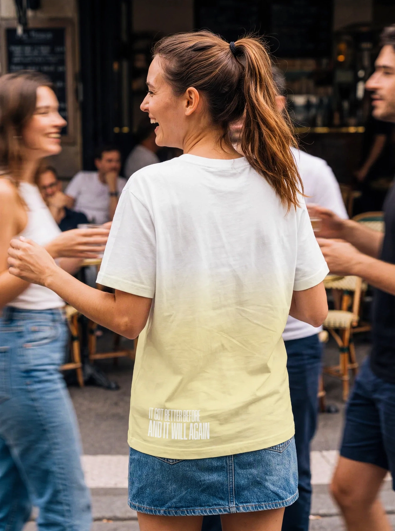 "it got better before and it will again" Backprint Tee (Hem Print), on model